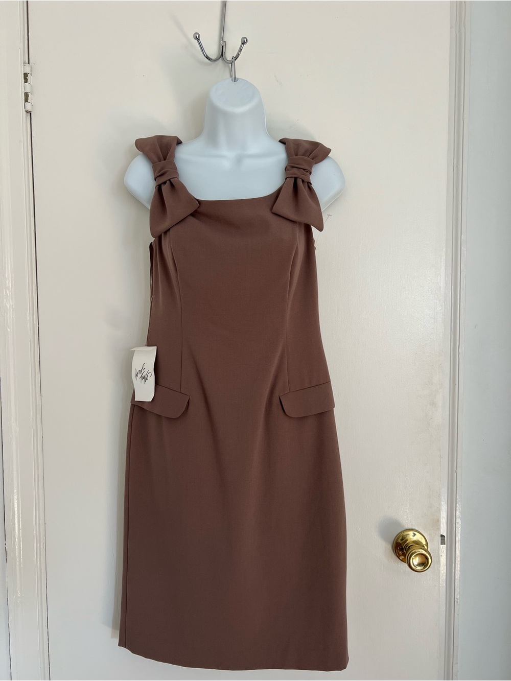 NWT Classic Brown Bow-Shoulder Sheath Dress